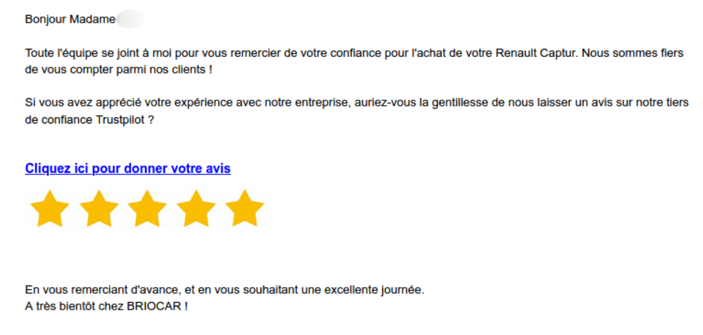 Exemple d'une campagne e-mail de récolte d'avis Google par BodemerAuto